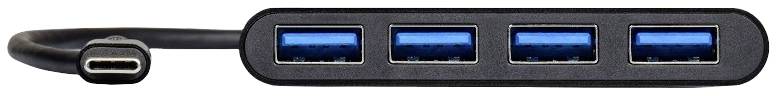 En USB-hubb med fyra USB-anslutningar och en integrerad USB-C-kabel. Hubben är svart och används för att utöka antalet USB-portar.