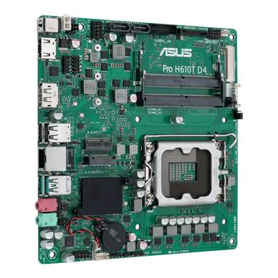 En ASUS Pro H610T D4-moderkortplatta med olika anslutningar och expansionsplatser, lämplig för ITX-systemkonfigurationer.