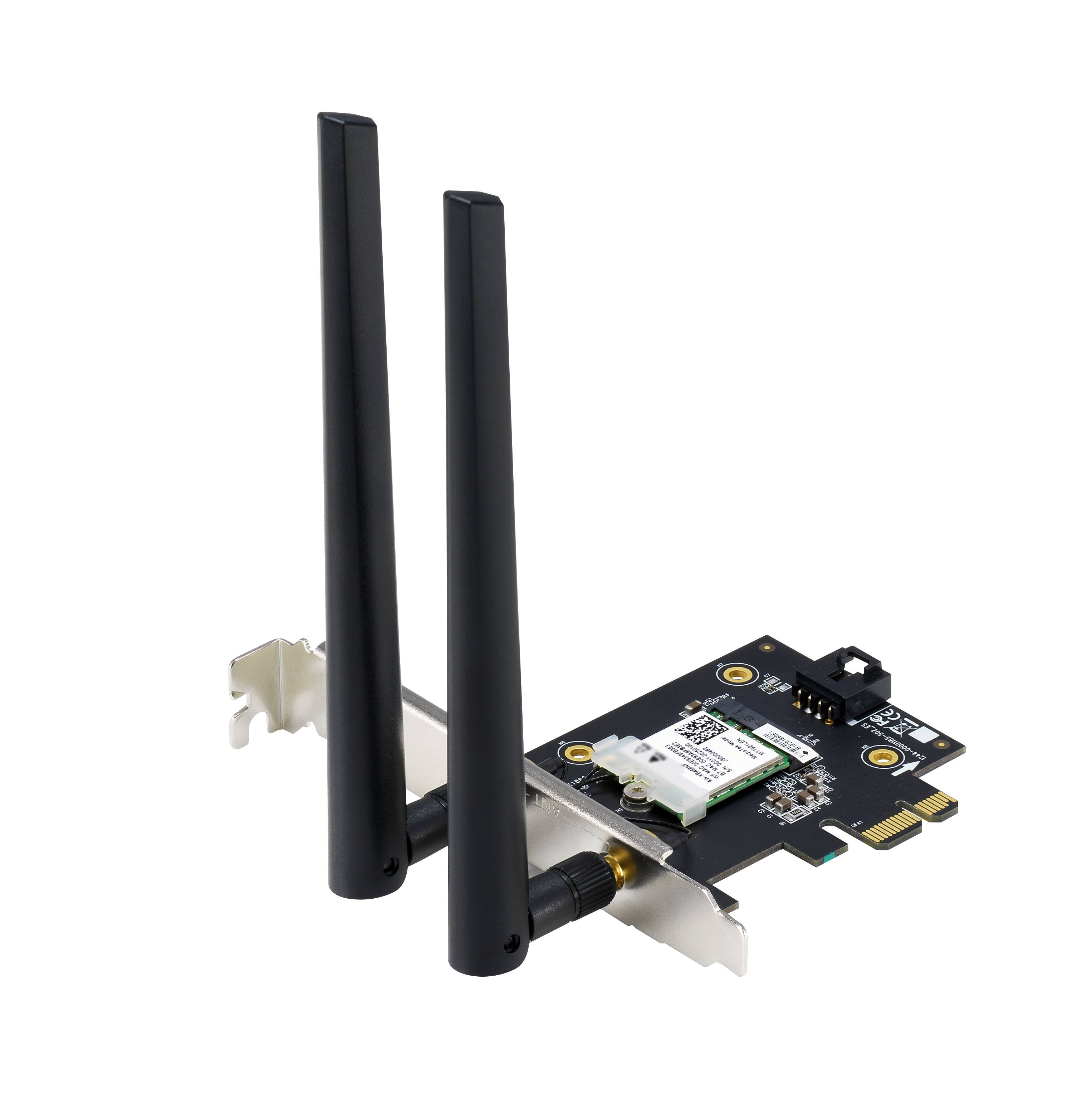 Ett svart PCIe-nätverkskort med två avtagbara antennerer. Det är konstruerat för trådlösa PC-anslutningar.