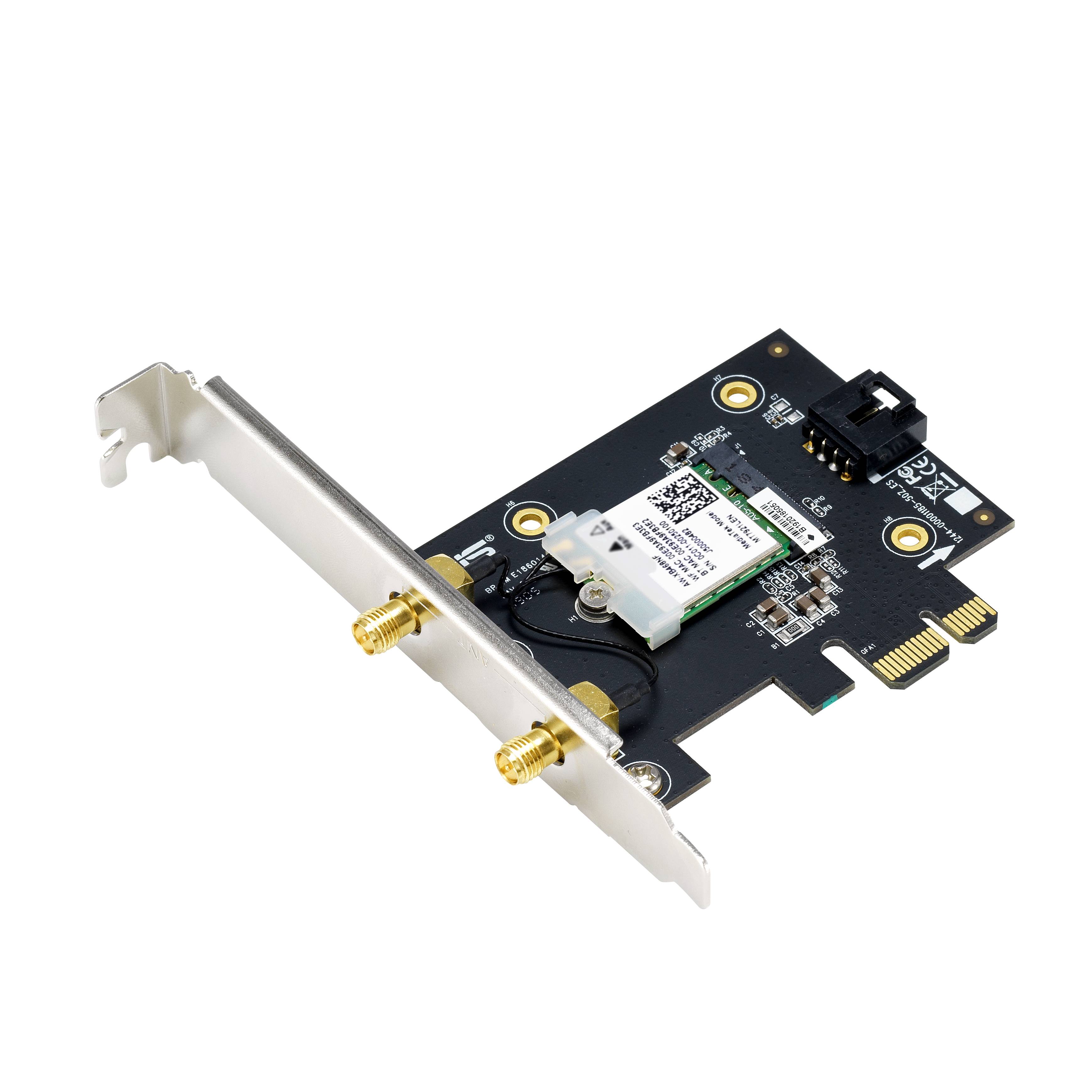 Ett PCIe-nätverkskort med två antennanslutningar, lämpligt för installation i stationära datorer för förbättrad WiFi-anslutning.