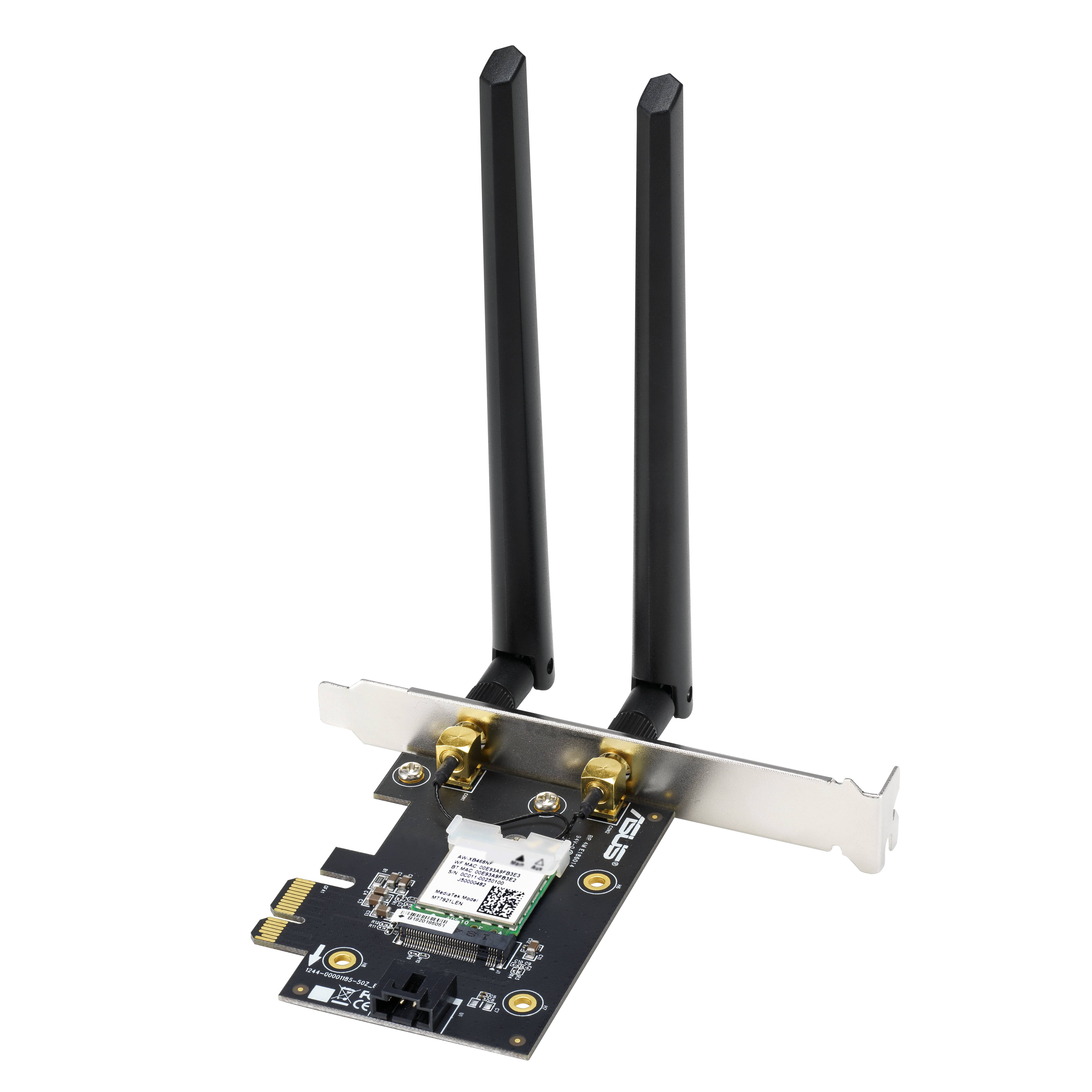 Ett nätverkskort för dator med två antenner för trådlös anslutning. Det har en PCIe-kontakt och en monterbar fäste.