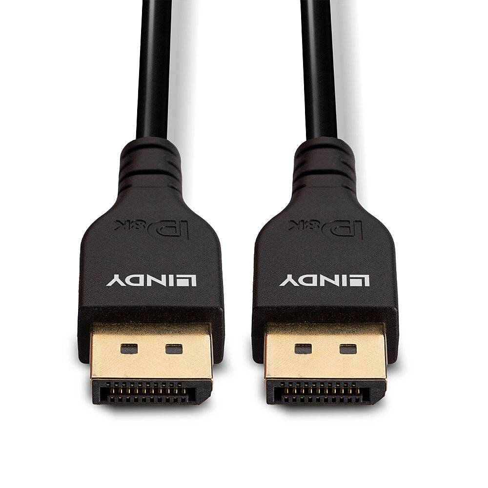 Två DisplayPort-kablar med svarta kontakter och texten 'LINDY', avsedda för anslutning av skärmar till datorer.
