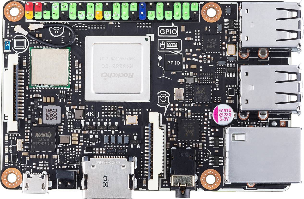 Ett utvecklingskort med flera USB-portar, en HDMI-port och en GPIO-slutpunkt. Processorn är placerad i mitten.