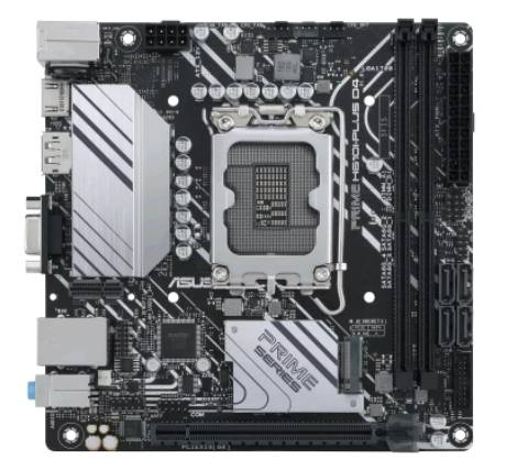 Ett moderkort med flera minnesplatser, en CPU-sockel i mitten och olika anslutningar längs kanterna.