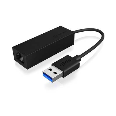 En svart USB-till-Ethernet-adapter med USB 3.0-kontakt på ena sidan och Ethernet-port på den andra, perfekt för nätverksanslutning.
