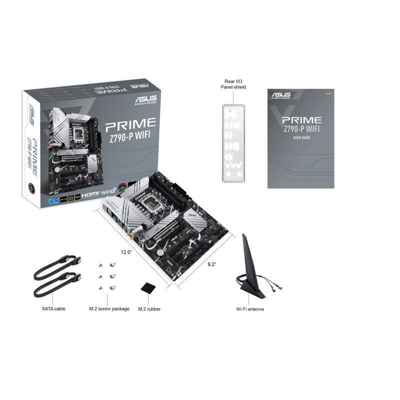 En Asus PRIME Z790-P WIFI moderkortförpackning, innehållande moderkortet, manual, baksida, två SATA-kablar och WiFi-antenn.