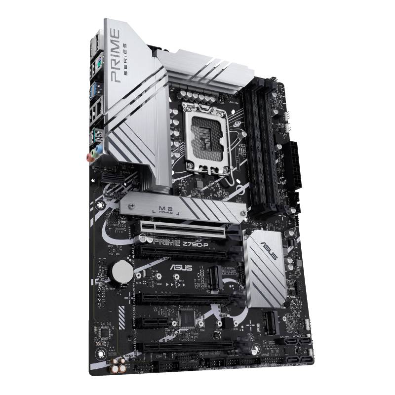 ASUS moderkort, modell 'Prime Z790-P', med silverfärgade kylkroppar och anslutningar för CPU, RAM, PCIe och SATA.