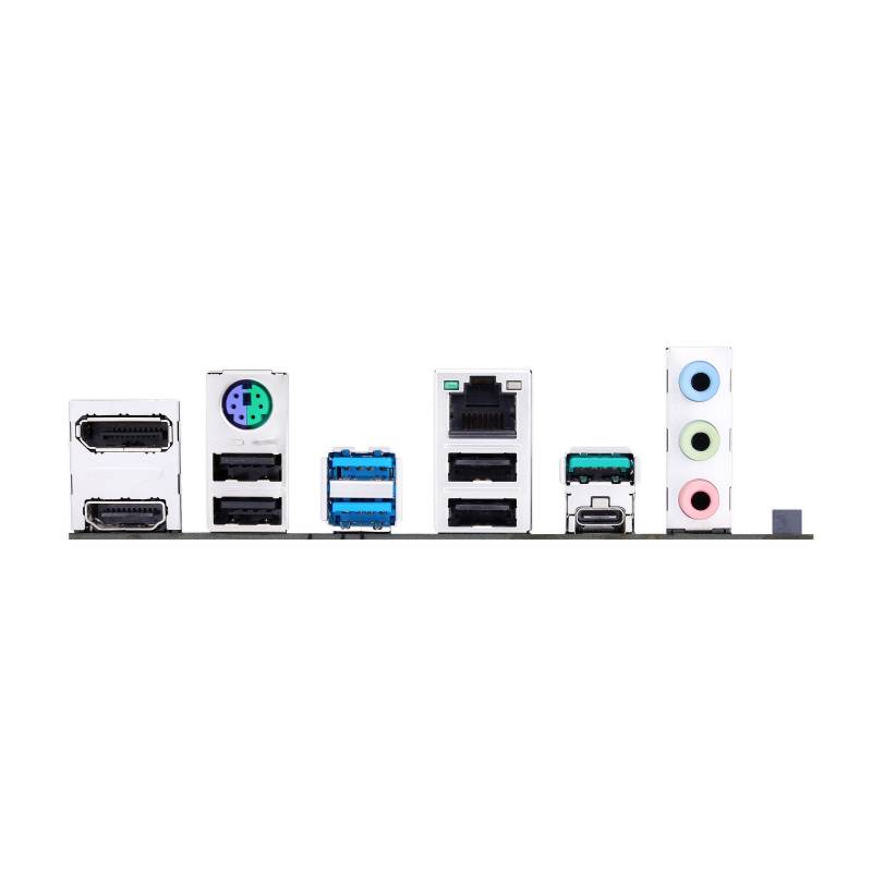 Baksidan av en dator med olika anslutningsportar: HDMI, PS/2, USB, Ethernet, ljud in- och utgångar.