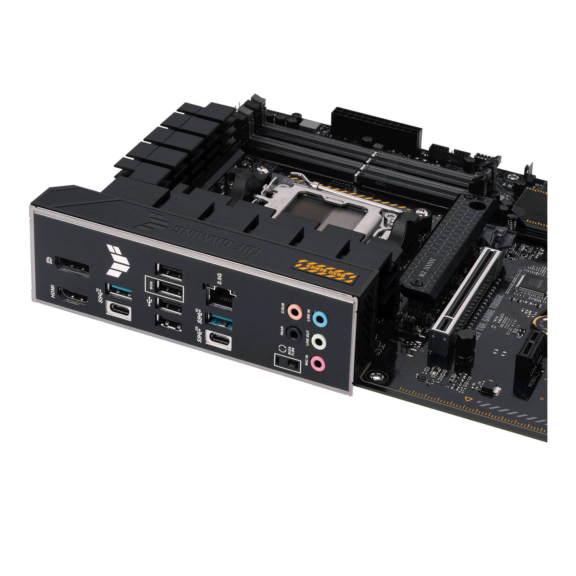 Moderkort med flera USB-portar, HDMI, ljudutgångar och en CPU-sockel. Lämplig för datorsystem.