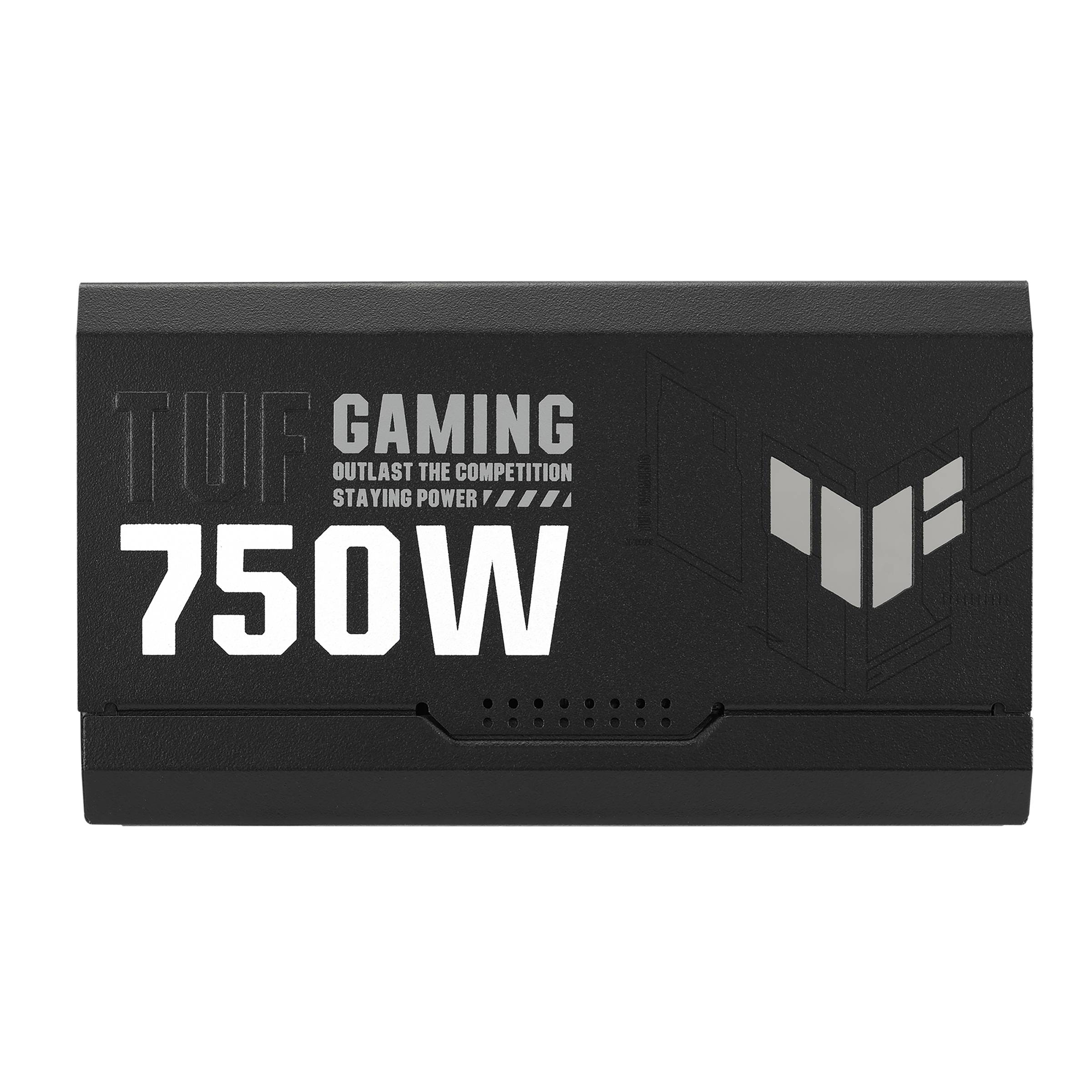 Svart nätaggregat med påskriften TUF Gaming 750W. Det uppvisar en minimalistisk design, lämplig för gamingdatorer.