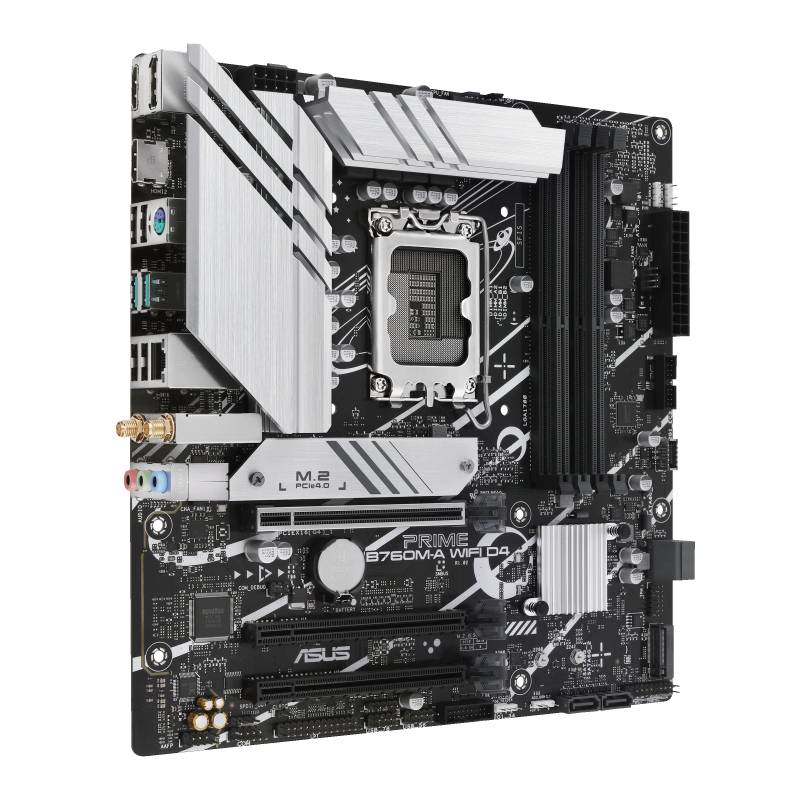 Ett ASUS-moderkort visar olika komponenter och anslutningar, däribland en CPU-sockel, RAM-platser och M.2-kontakter.