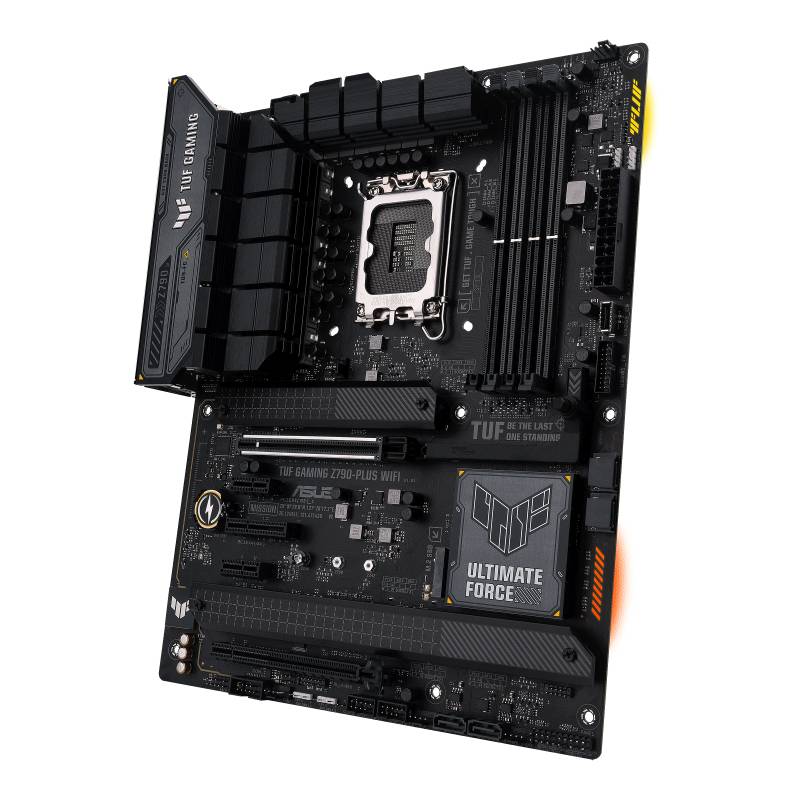 ASUS TUF Gaming Z690-Plus WiFi moderplatta med sockel, RAM-platser och kylkroppar i svart. Lämplig för kraftfulla datorer.