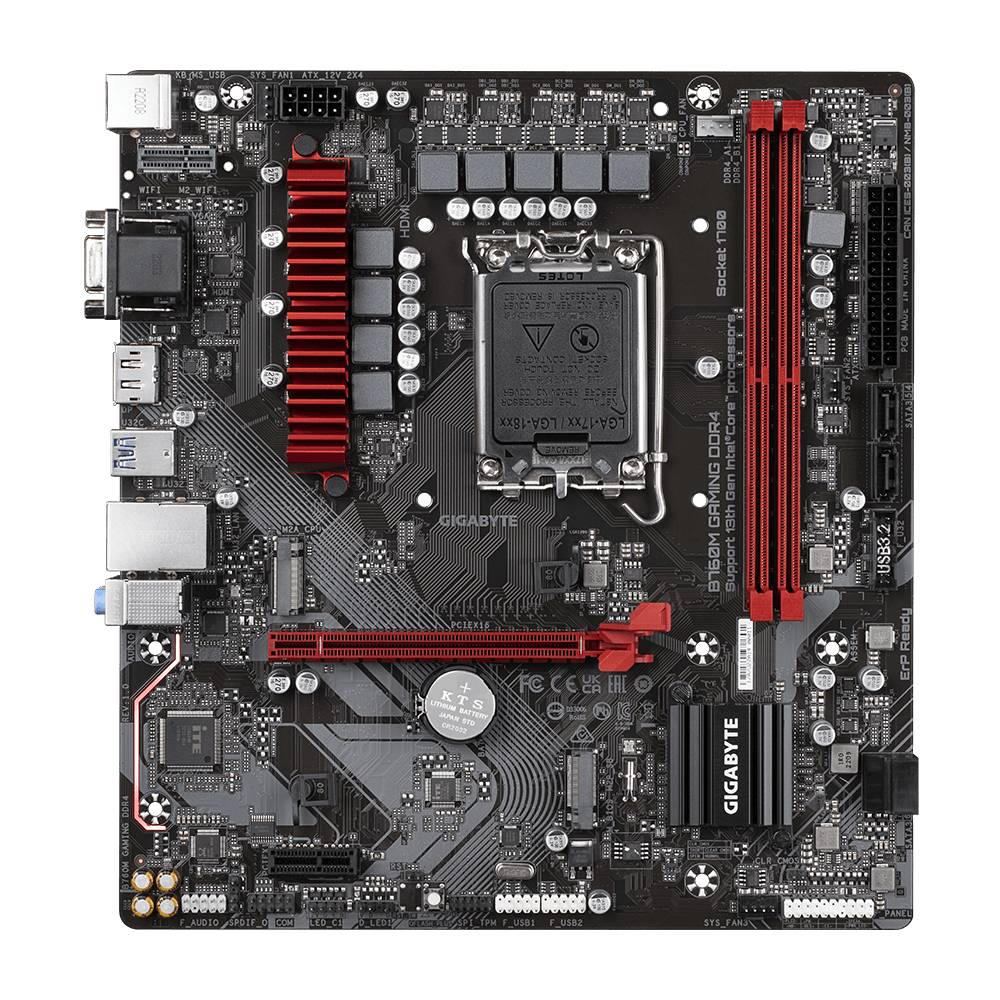 Ett datormoderkort med flera platser och anslutningar, däribland RAM-platser, CPU-sockel och PCIe-plats.