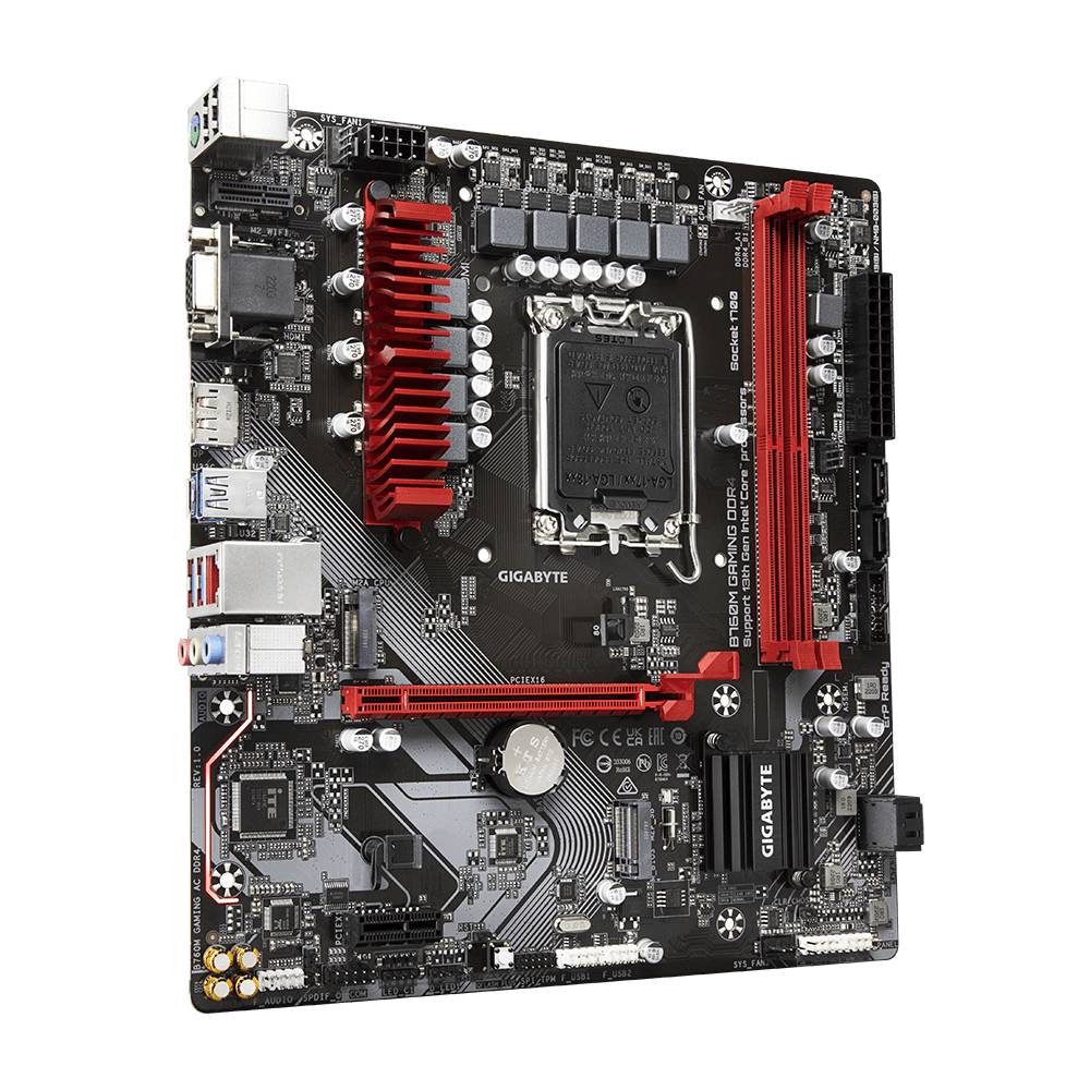 Moderkort med flera anslutningar och ett CPU-uttag. Huvudfärgerna är svart och röd. Varumärkesnamnet är synligt. Lämplig för datorer.