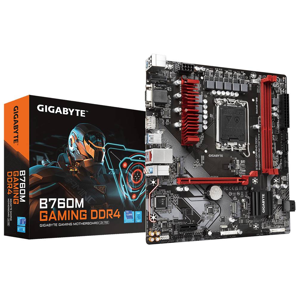 'GIGABYTE B760M GAMING DDR4' förpackning bredvid ett datormoderkort med svarta och röda element.