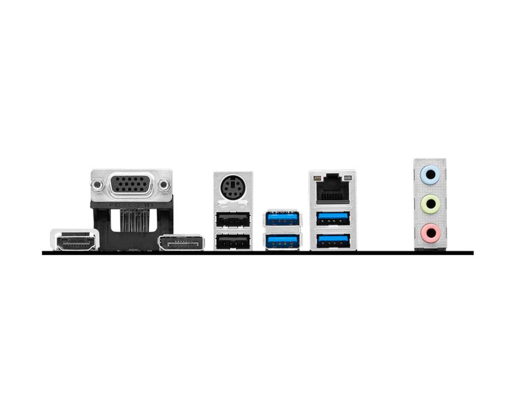 Baksidan av ett datormoderkort med olika anslutningar: VGA, HDMI, USB, Ethernet och ljudingångar.