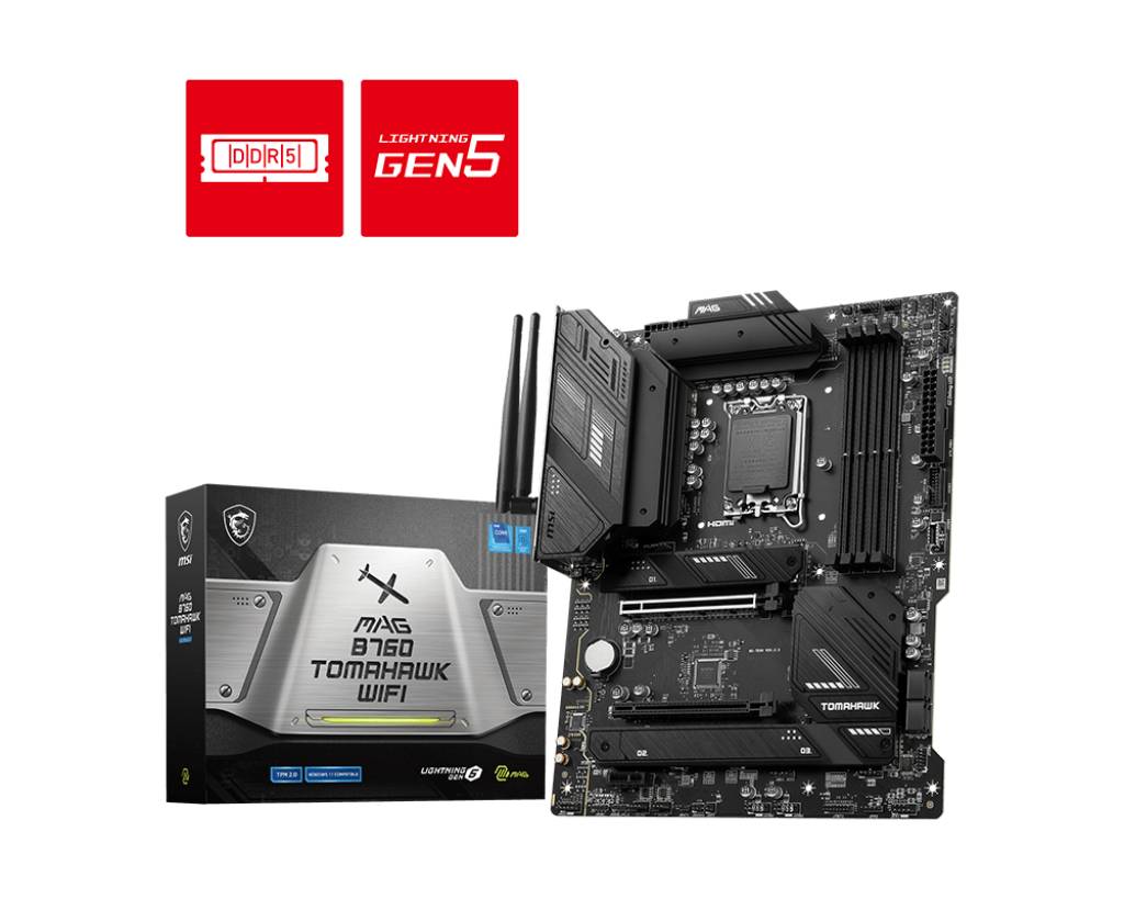Ett MSI MAG B760 TOMAHAWK WIFI-moderkort bredvid sin förpackning. Förpackningen visar logotyper för DDR5 och Lightning Gen 5.