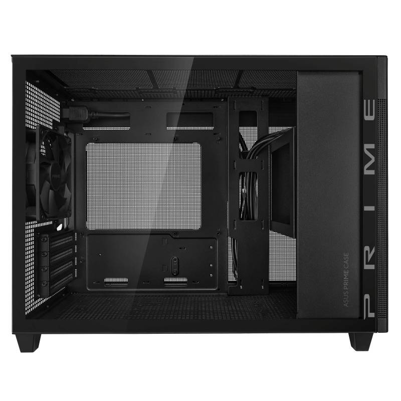 Svart datorchassi med transparent sidofönster, visar utrymme för komponenter invändigt. Text längs sidan: 'ASUS PRIME CASE'.
