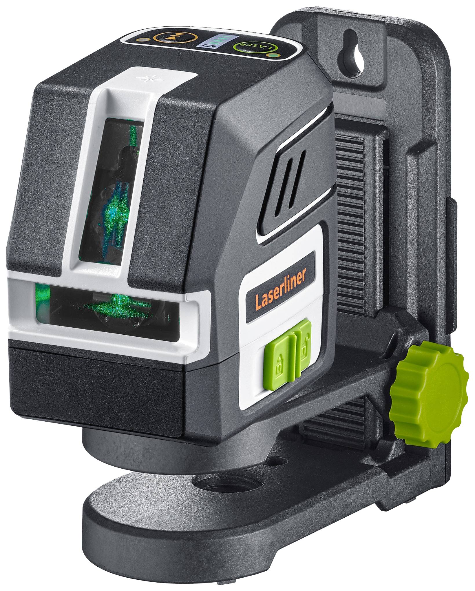 En digital lasernivå från Laserliner, monterad på ett väggfäste, visar gröna laserlinjer för att nivellera ytan.