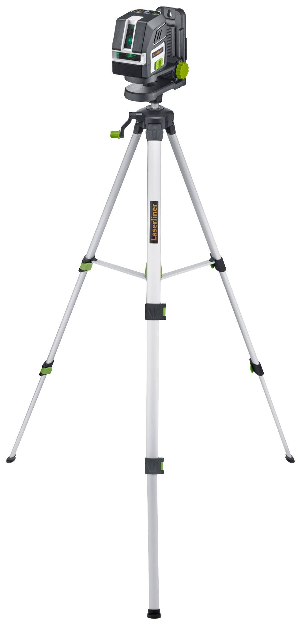 Ett stativ med ett monterat lasernivåinstrument, använt för preciserade mätningar i byggprojekt. Det står på tre utdragbara ben.