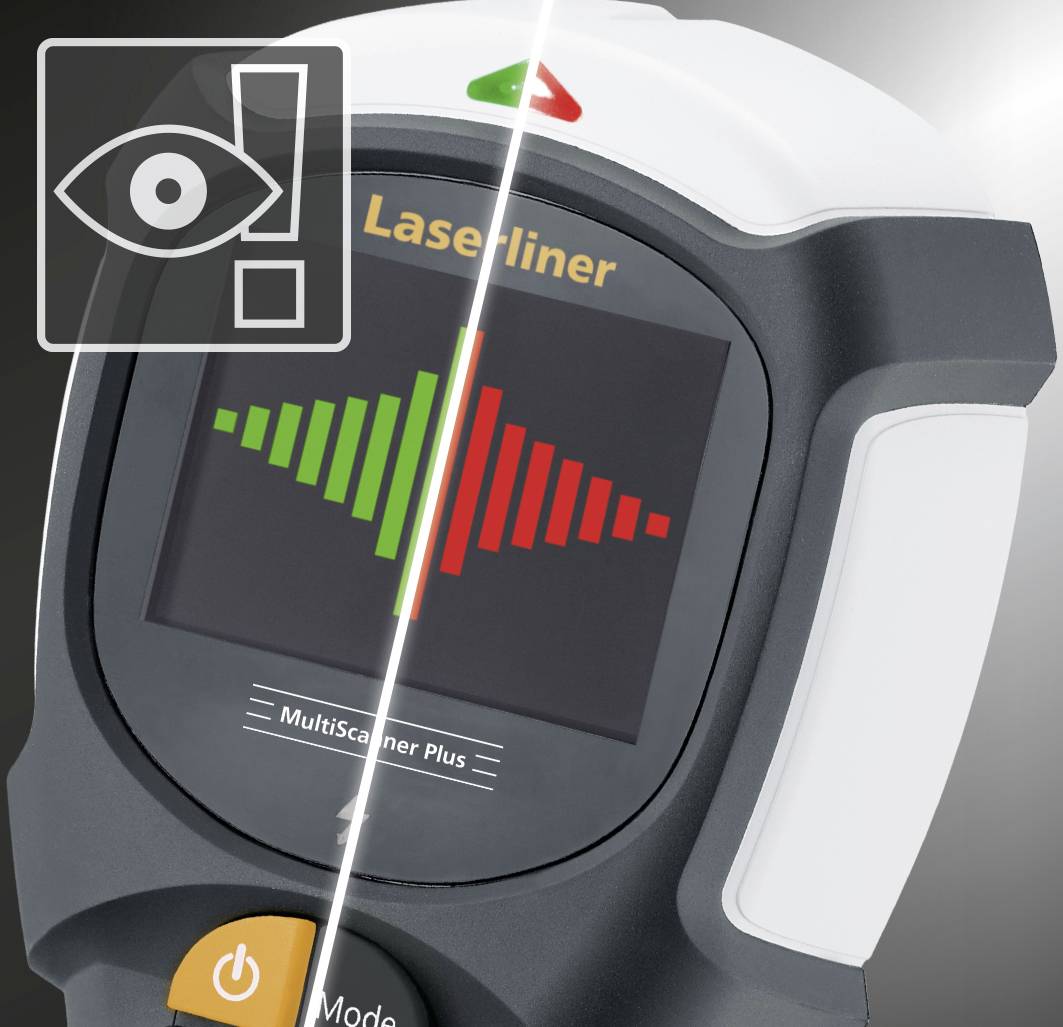 Digitalt mätinstrument med display som visar gröna och röda stapeldiagram. En ögonsymbol med utropstecken är markerad.