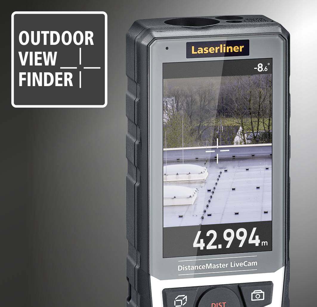 Laserdistansmätare med skärm visar mätvärde på 42,994 meter och exteriör scen med träd och byggnader.
