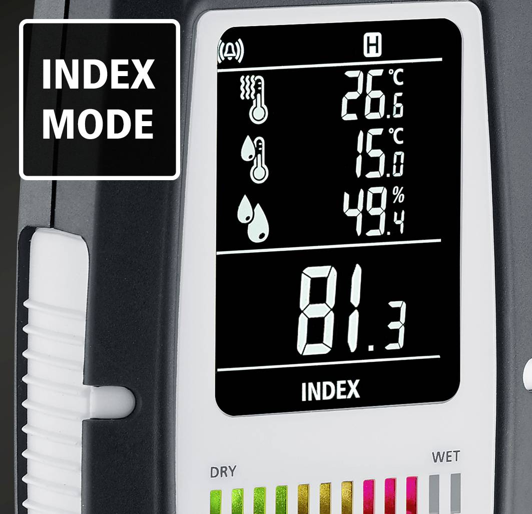 Kraftigt kokredskap med digitalt display som visar temperatur 26°C, luftfuktighet 49,4%, samt fuktighetsindicator med färgskala.