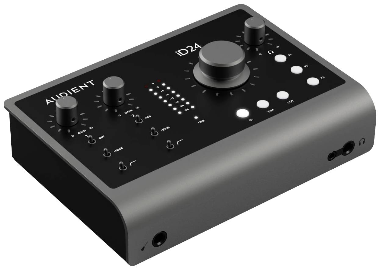 Audiointerface med tre vridreglage, flera knappar och en LED-nivåindikator. Märkt med 'AUDIENT ID24'.