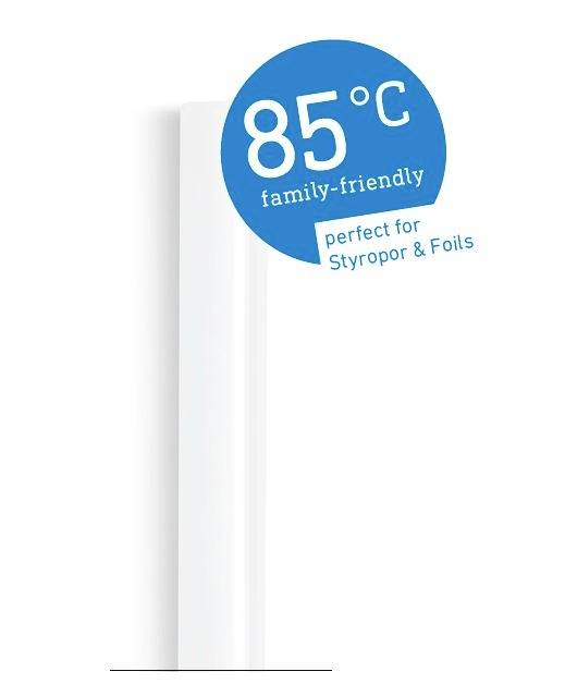 En vit cylinder med en blå cirkel visar texten '85°C, familjevänlig, perfekt för frigolit och folier'.