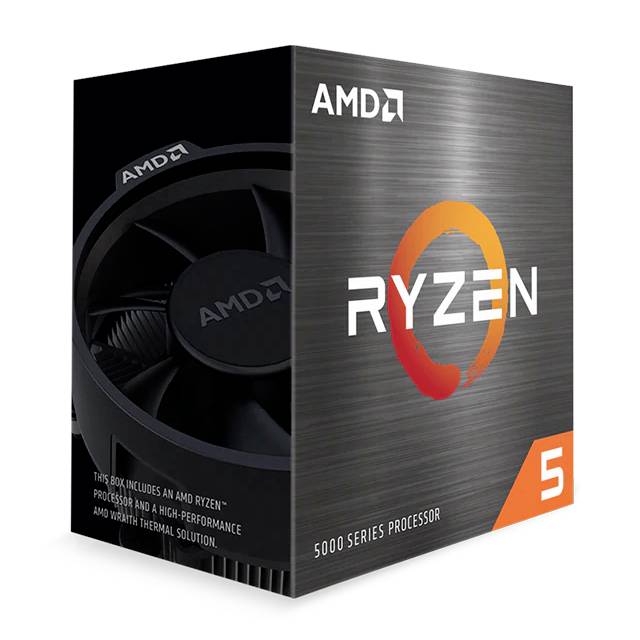 Förpackning för en AMD Ryzen 5-processor från 5000-serien. Förpackningen visar fläkt, Ryzen-logotyp och AMD-logotyp.