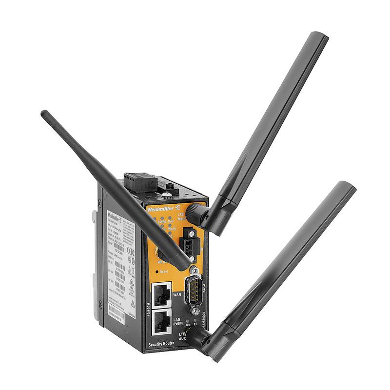 En svart, industriell WLAN-router med två antenner och flera LAN-portar. Lämplig för säkra nätverksinstallationer.