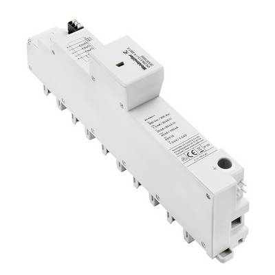 Vit elektronisk tidreläer på vit bakgrund, tryckt med tekniska specifikationer, lämplig för DIN-skenamontering.