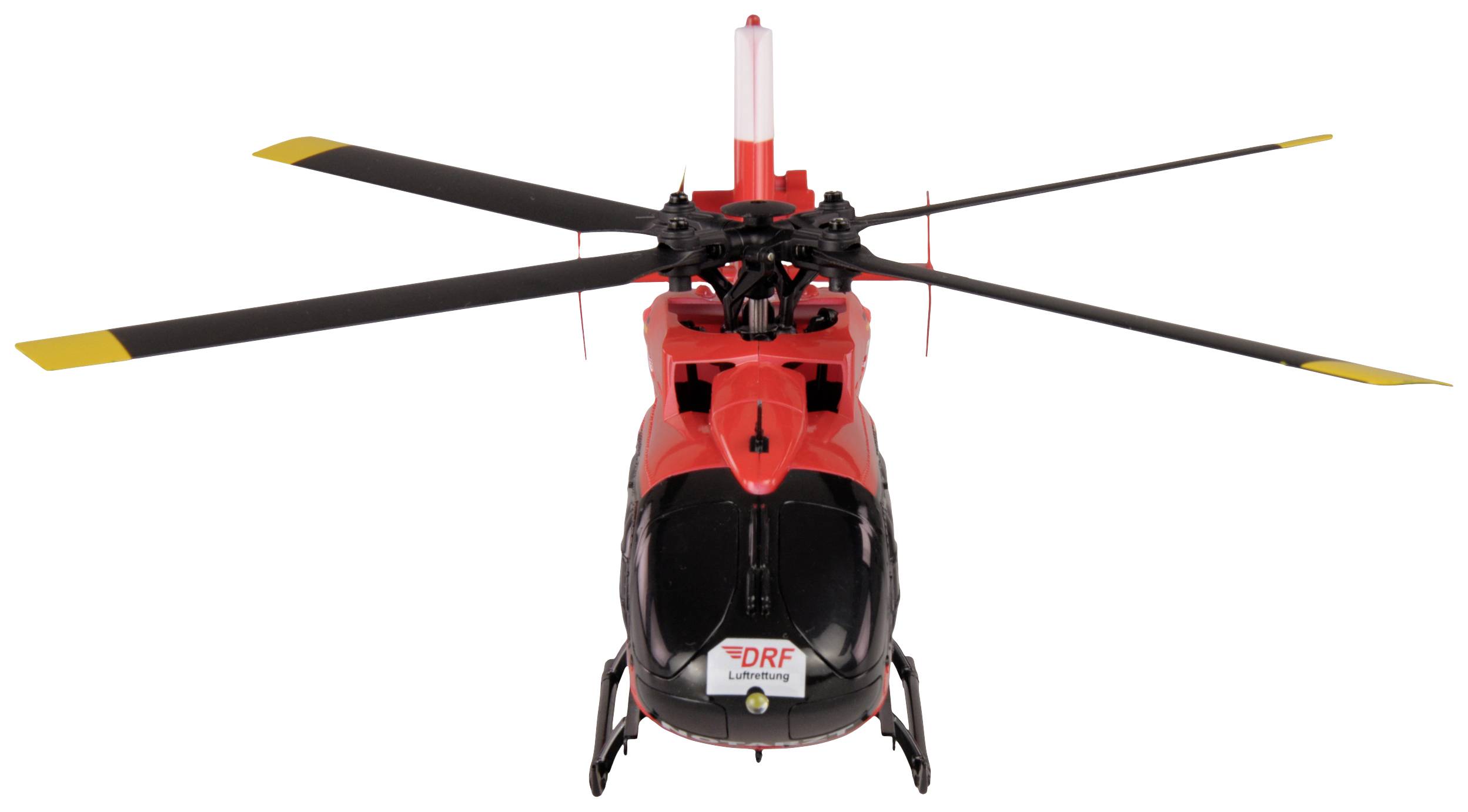 En röd helikopter med texten 'DRF Luftrettung' på framsidan, sedd framifrån.