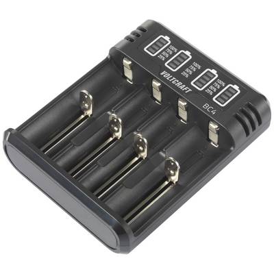 En batteriladdare för fyra AA- eller AAA-batterier med LED-indikatorer för laddningsstatus (25%, 50%, 75%, 100%).
