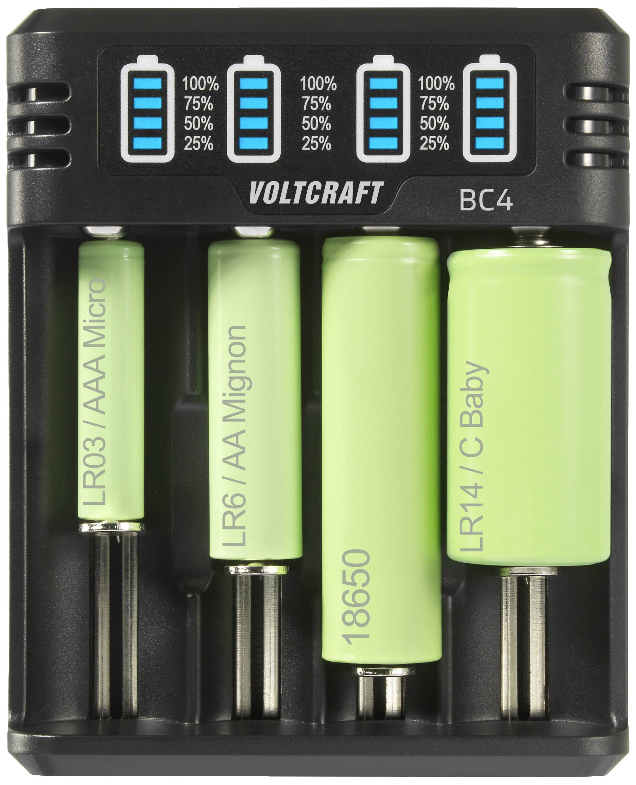 En laddare laddar fyra olika batterier (AAA, AA, 18650, C). Ovanpå finns en laddningsindikator som visar laddningsstatusen från 25 % till 100 %.