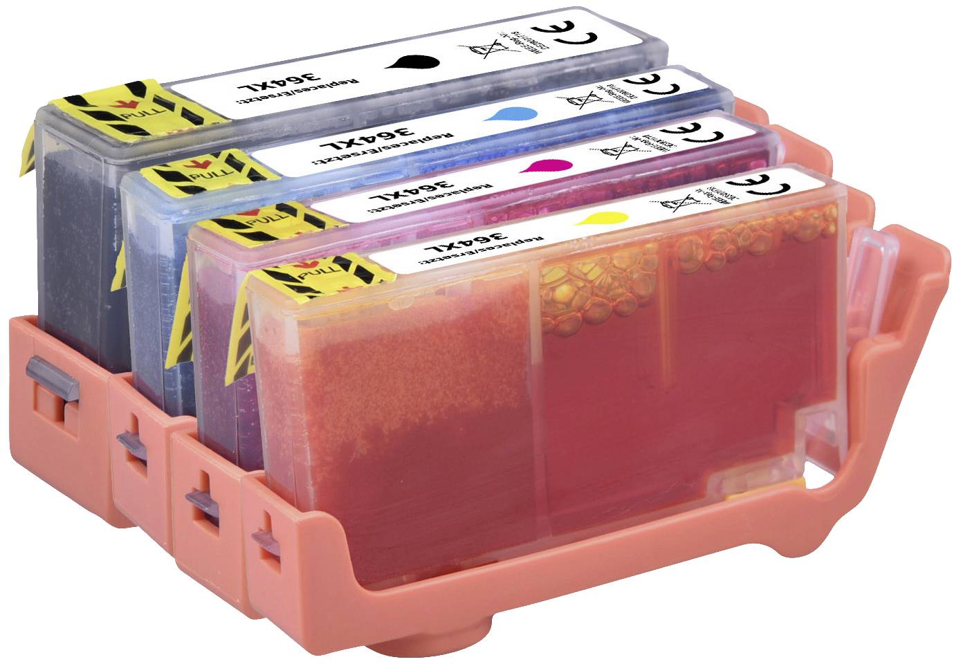 Fyra bläckpatroner (Svart, Magenta, Cyan, Gul) i en orangefärgad hållare, var och en märkt med etiketter och med synliga nivåindikatorer.