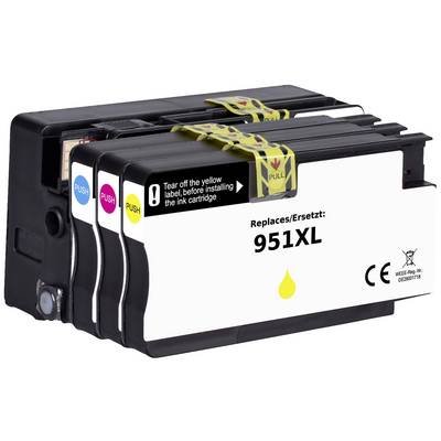 Tre bläckpatroner i svart, cyan, magenta och gult, märkta med "Replaces/Ersätts: 951XL" och en instruktion om att ta bort den gula etiketten före installationen.