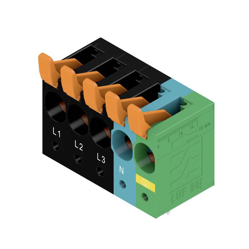 En grön och svart elektrisk kontakt med fem uttag, märkt med 'L1', 'L2', 'L3', 'N' och en jordsymbol.