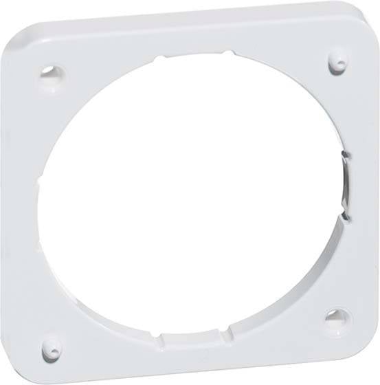 En vit kvadratisk adapter eller fläns med cirkulär öppning och fyra monteringshål för skruvar i hörnen.