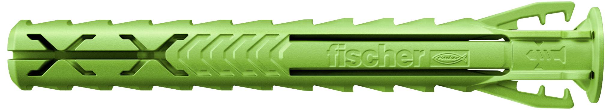 En grön plastplugg med texten 'fischer', avsedd för säker infästning i väggar.