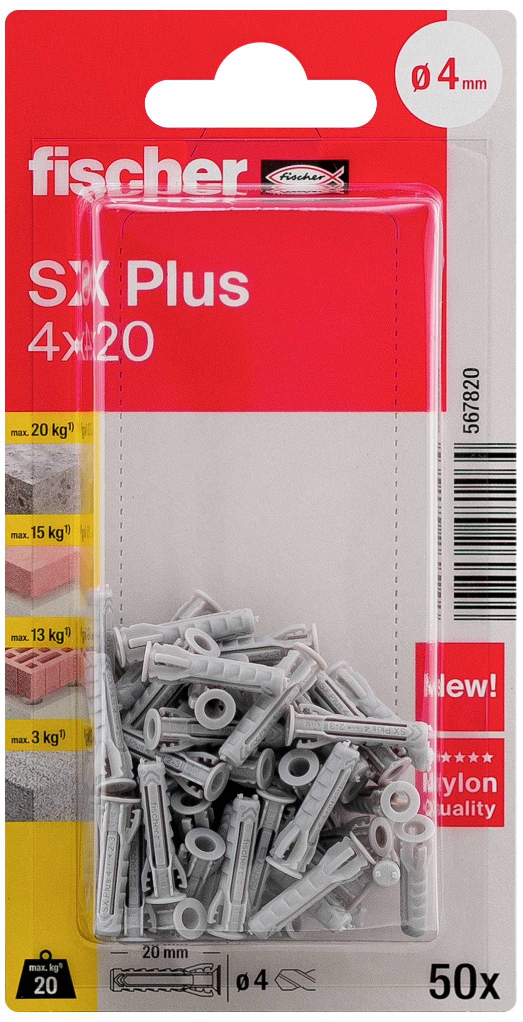 Förpackning med 50 grå nylonexpandrar från Fischer, modell SX Plus 4x20, lämplig för en belastning på 20 kg. Diameter Ø 4 mm.