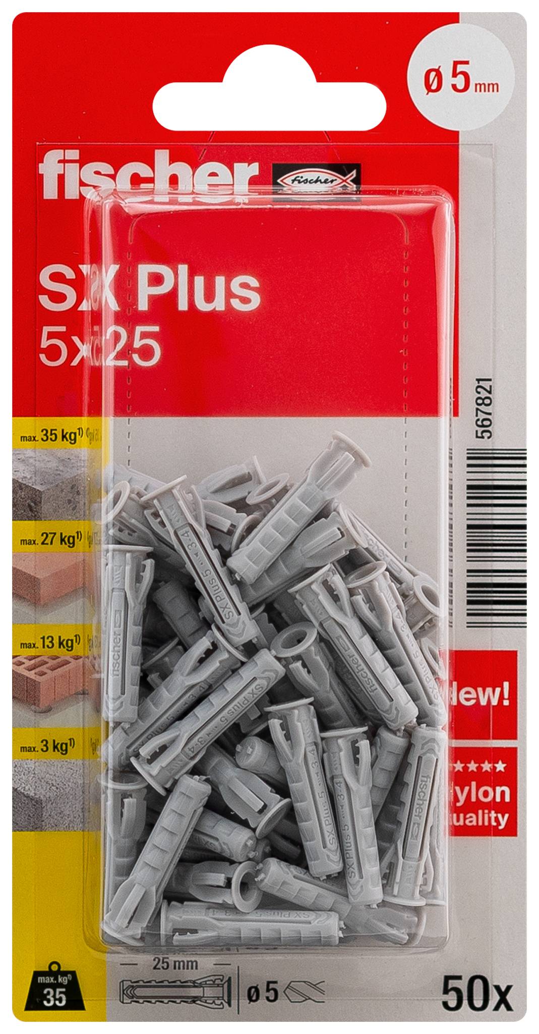Paket med Fischer SX Plus väggplugg, 50 grå nylonankare, storlek 5x25 mm för 5 mm skruvar, med bärförmåga enligt märkningen på etiketten.