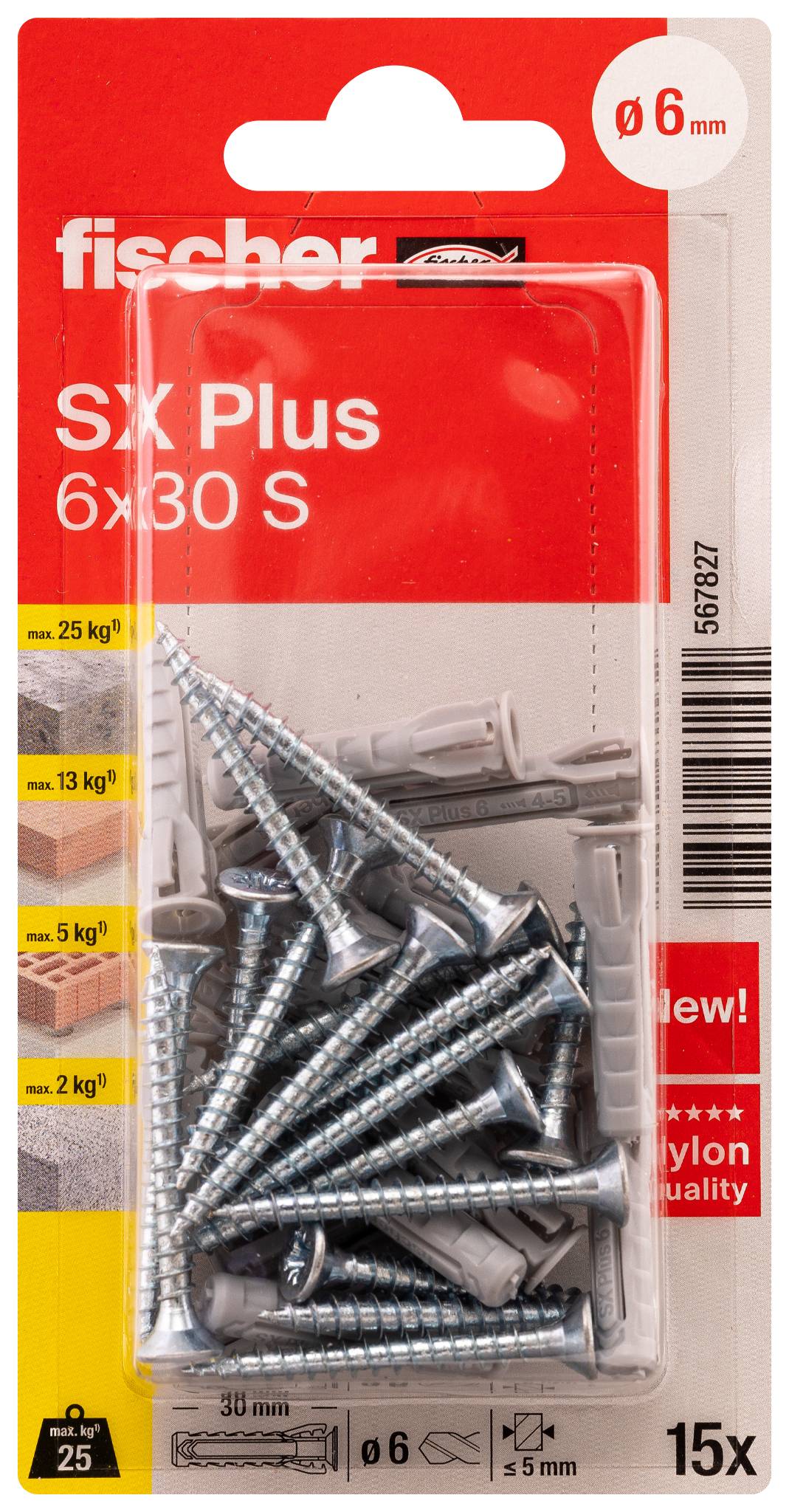 Paket med Fischer SX Plus 6x30 S väggankare och skruvar, 15-delad uppsättning, för 6 mm hål och upp till 25 kg belastning