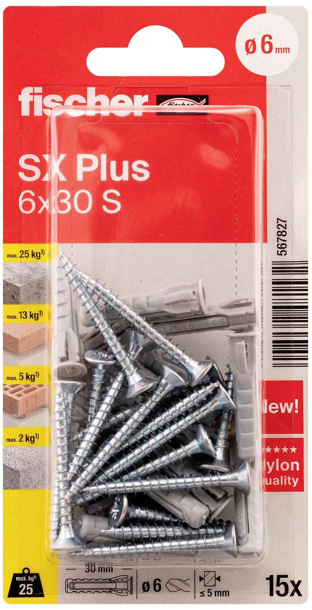 En förpackning med 15 Fischer SX Plus 6x30 S plugg och skruvar, lämpliga för betong och murbruk. Maximal bärförmåga upp till 25 kg.