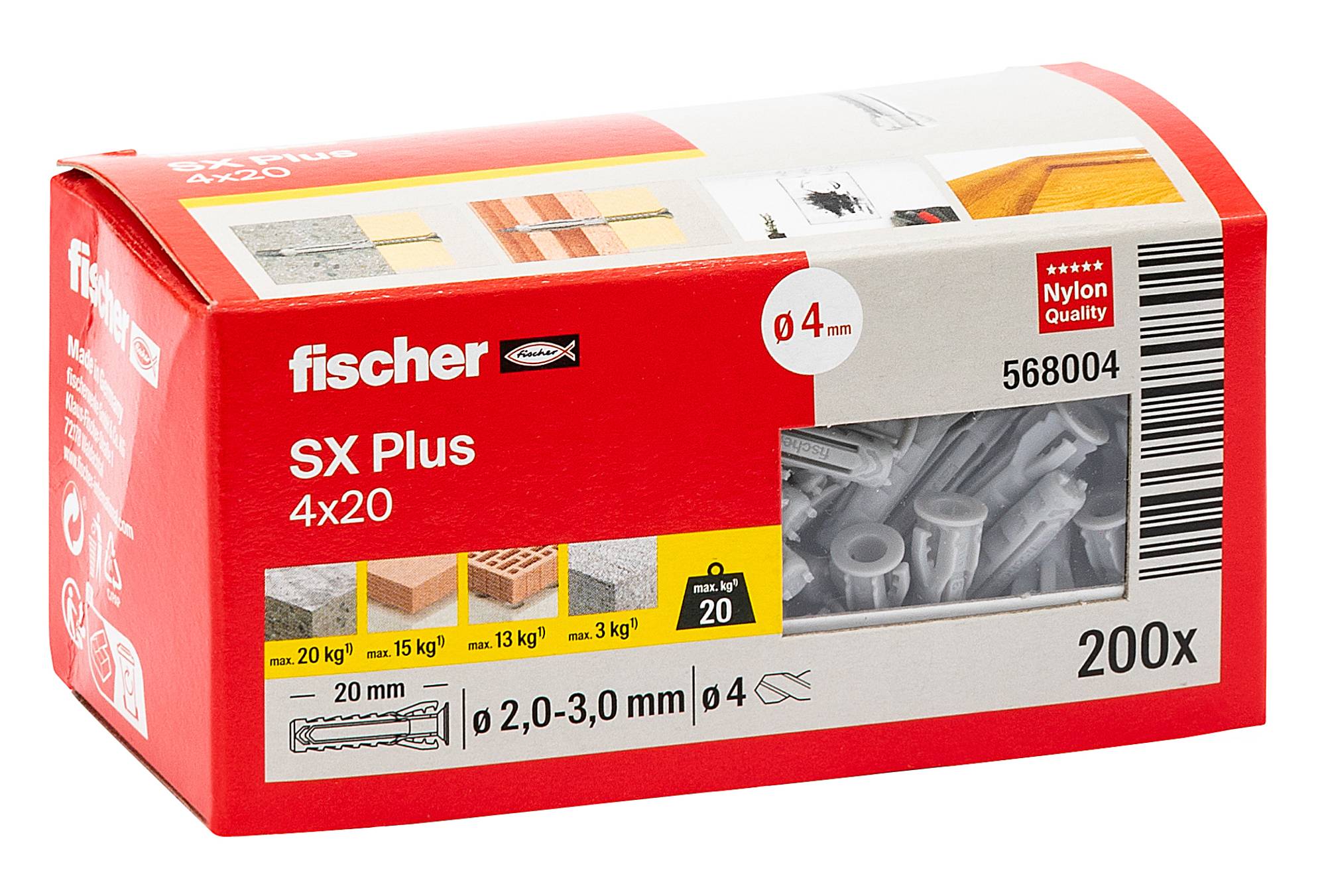 Låda med Fischer SX Plus nylonväggankare, storlek 4x20, 200 stycken, med bärförmåga och produktetikett synlig.