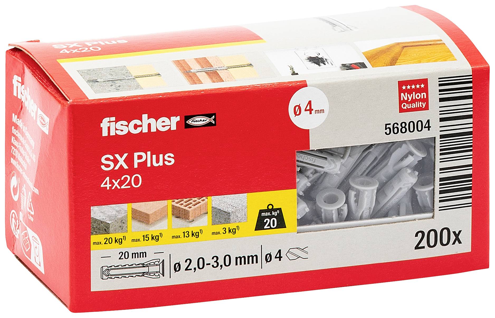 Röd förpackning från Fischer-märket med 200 pluggar, storlek 4x20 mm, lämpliga för olika material som betong, tegel och trä.