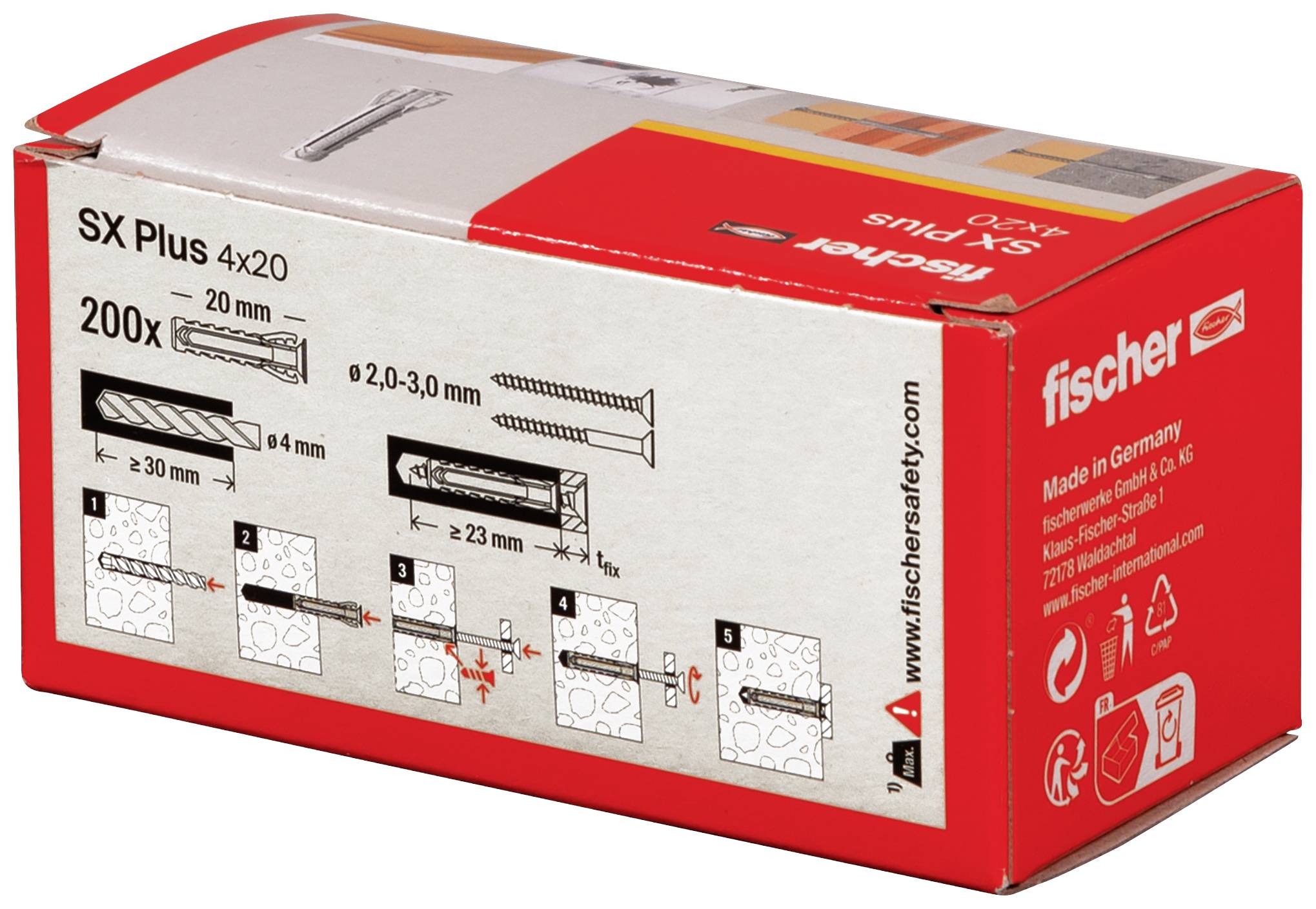 Förpackning för Fischer SX Plus 4x20 pluggsats med 200 stycken. Innehåller information om storlek, användningsområde och monteringsanvisning.