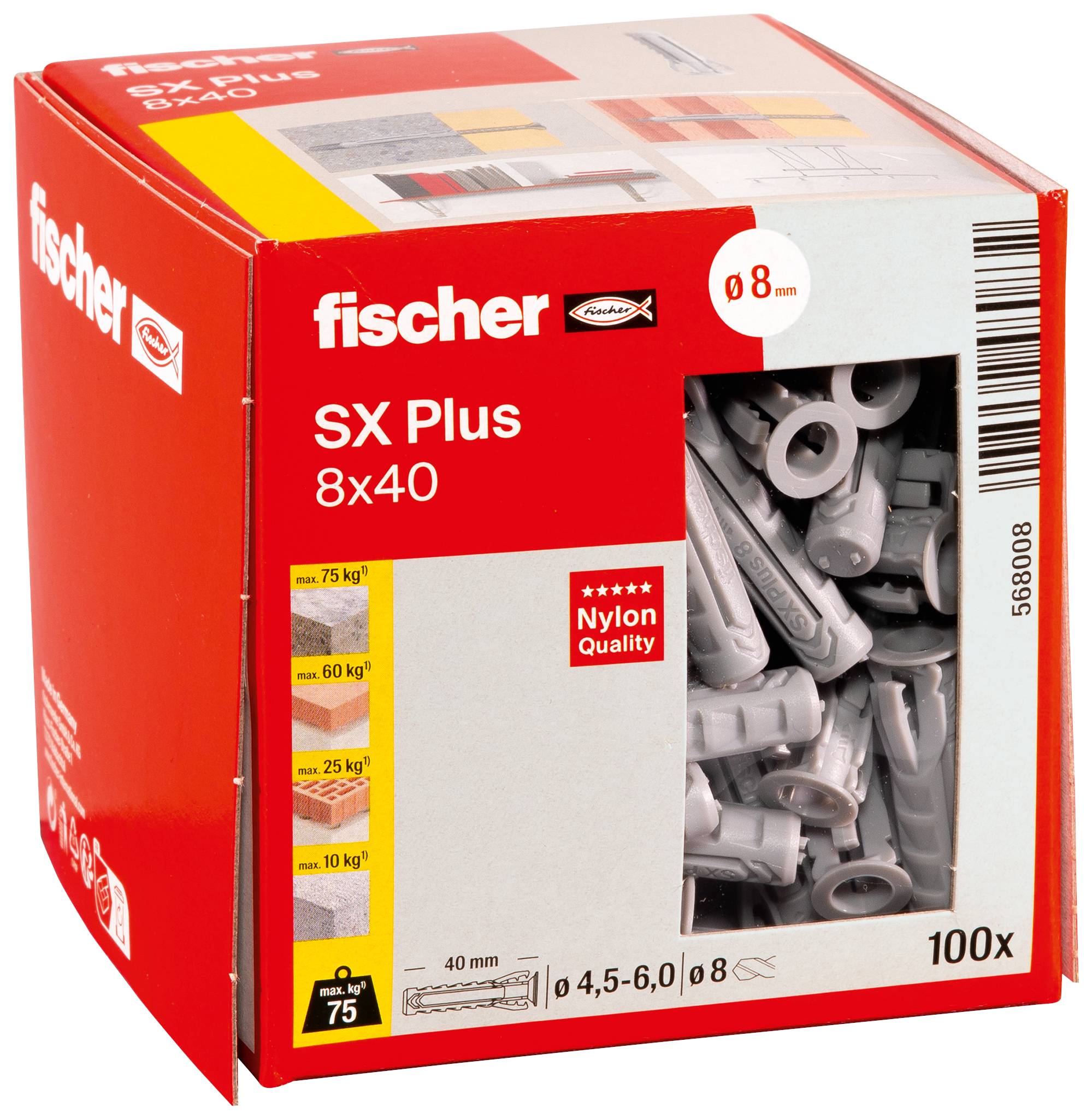 Låda med Fischer SX Plus 8x40 nylonhylsor, som visar ett fönster med grå ankare och produktbärförmågor för borrning och montering.