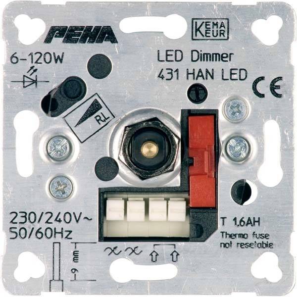 Dimmermodul med påskrift 'LED Dimmer 431 HAN LED', anpassat för 6-120W. Visar elektriska anslutningar och skruvar.