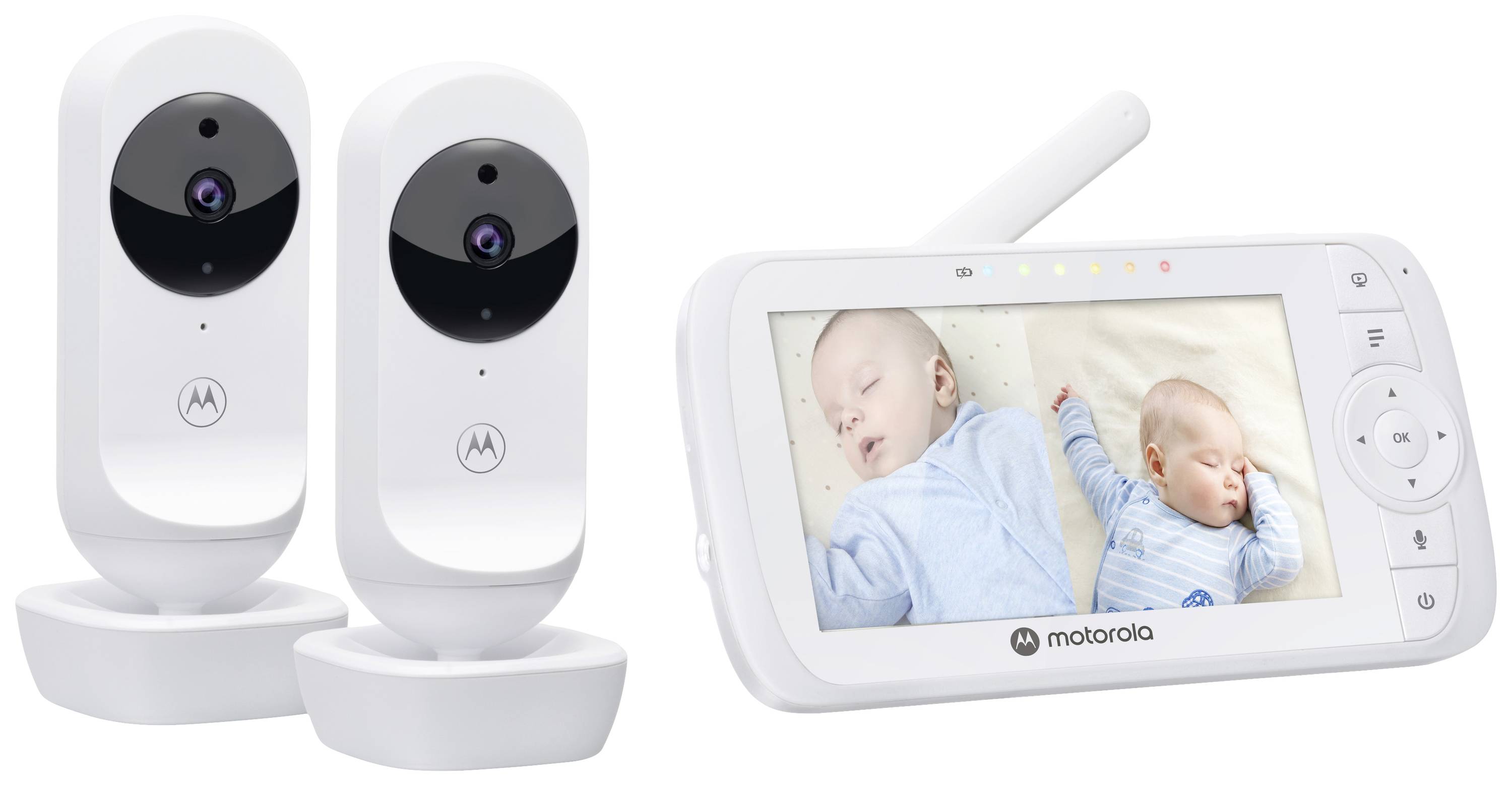 Två babyvakter med kamera och en skärm visar två sovande spädbarn. Displayerna är utformade för övervakning.